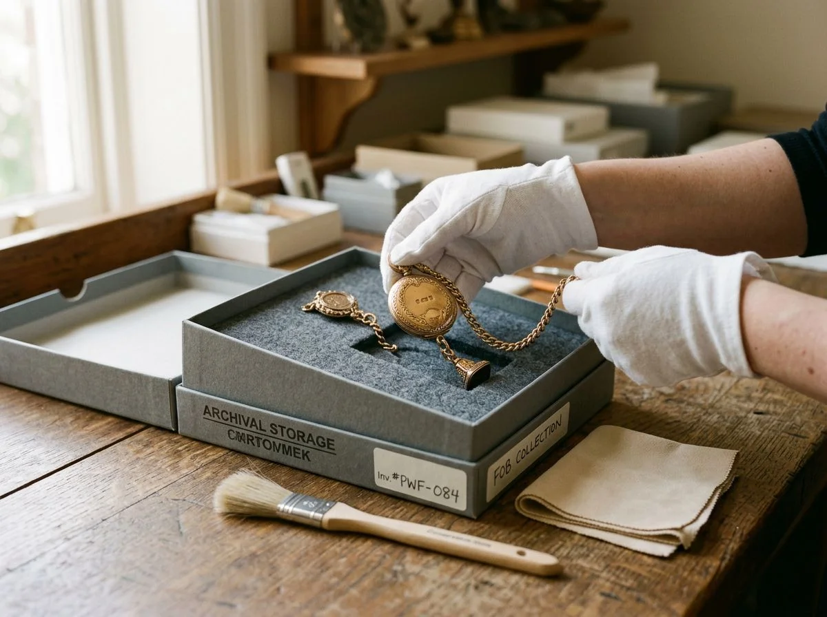 Cotton-gloved hands placing a gold fob into an archival storage box with cleaning tools nearby