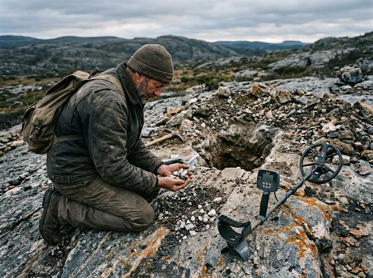Prospector kneeling on bedrock examining gravel with an unfilled hole visible behind him