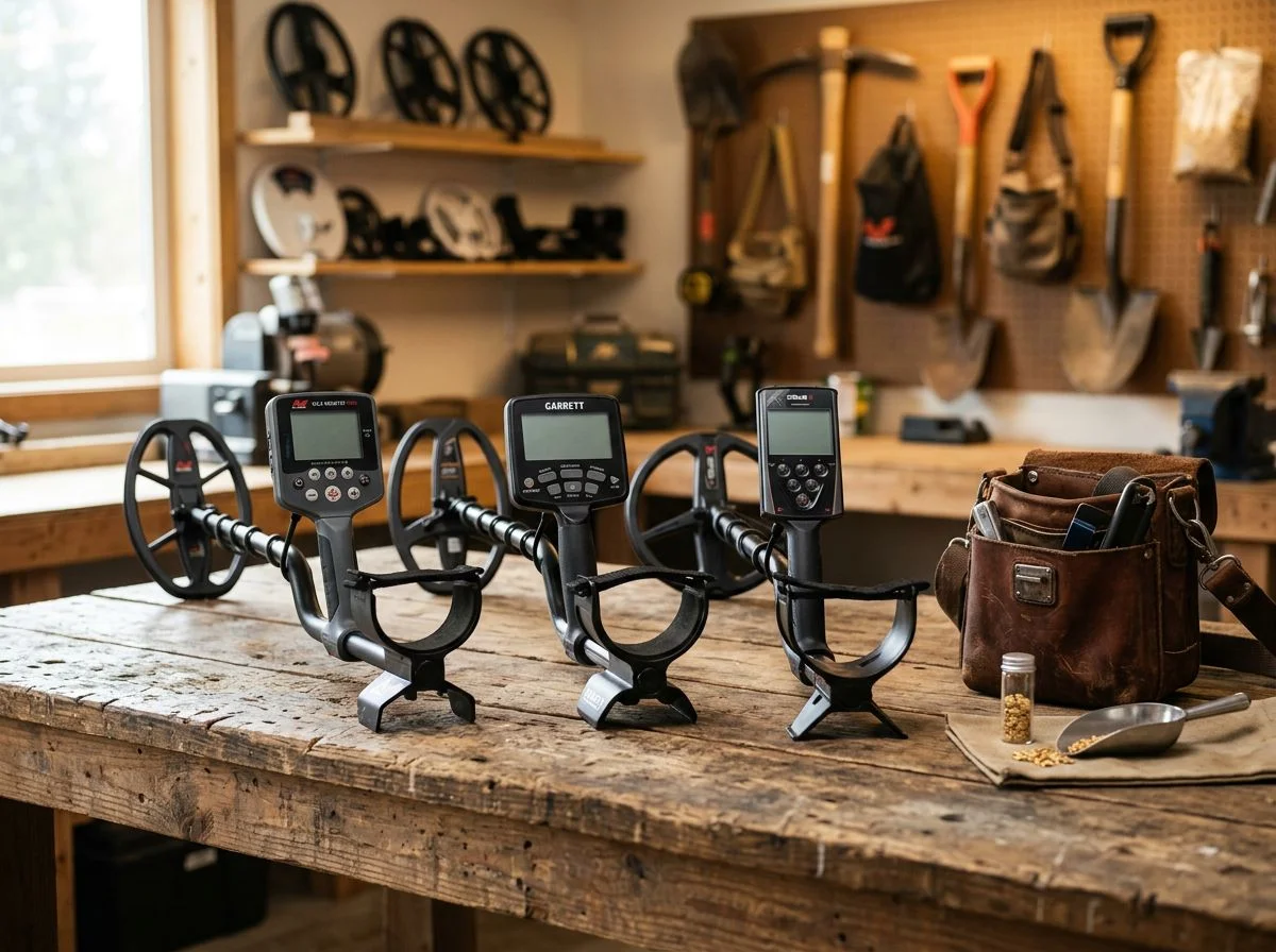 Three VLF gold detectors displayed on a workbench with prospecting accessories