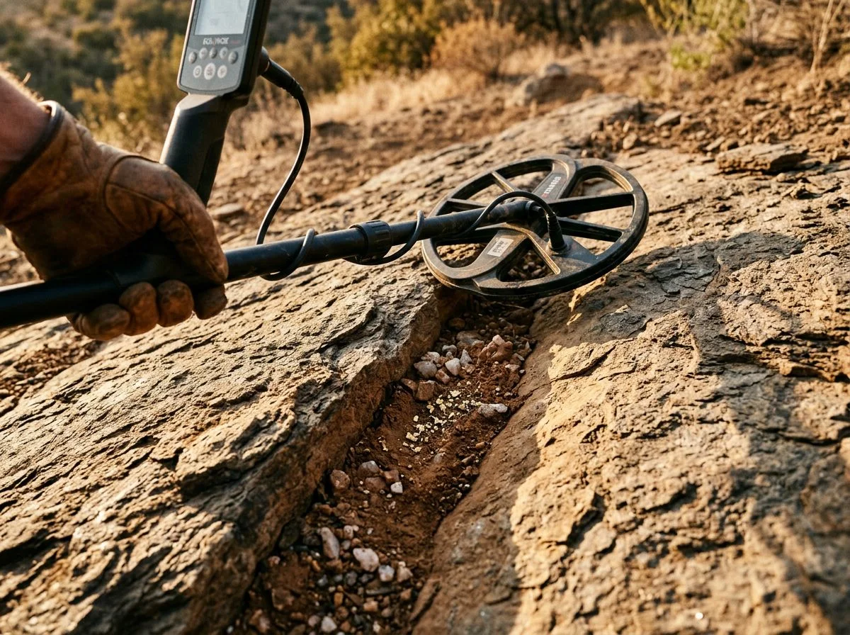 Metal detector coil sweeping over a bedrock crack with visible gold dust in warm afternoon light