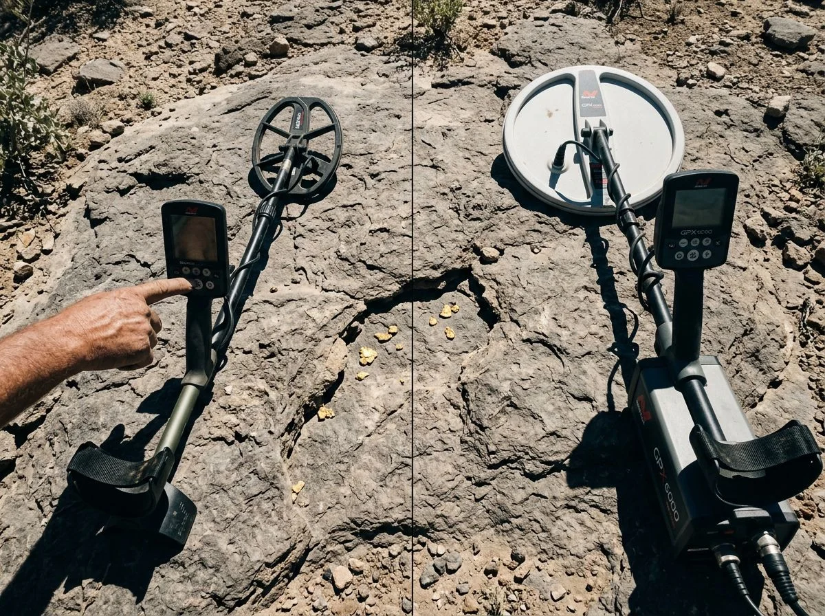 Side-by-side comparison of VLF and pulse induction detectors on gold-bearing bedrock