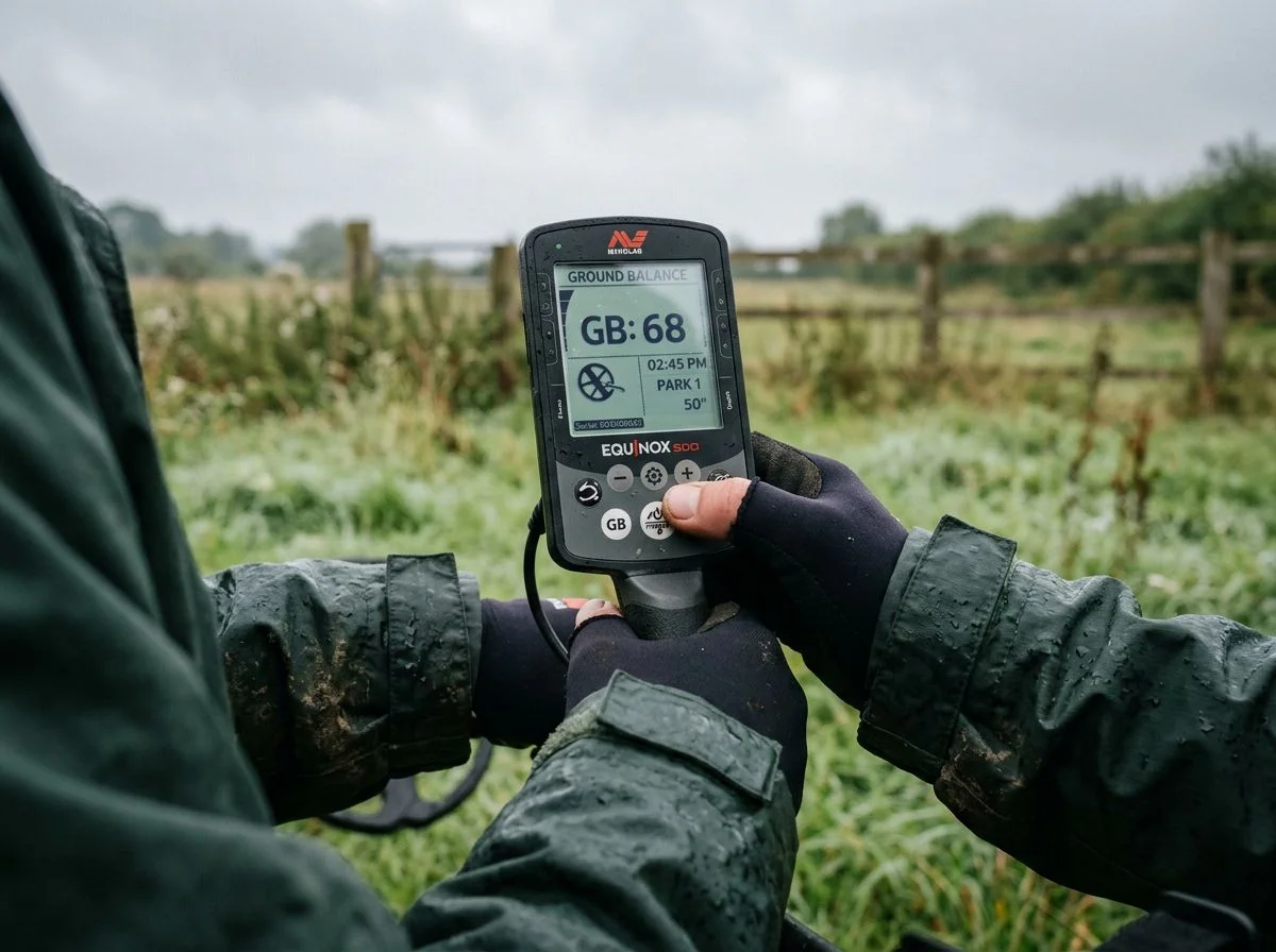 Close-up of hands pressing the ground balance button on a Minelab Equinox 900 in a dew-covered field.