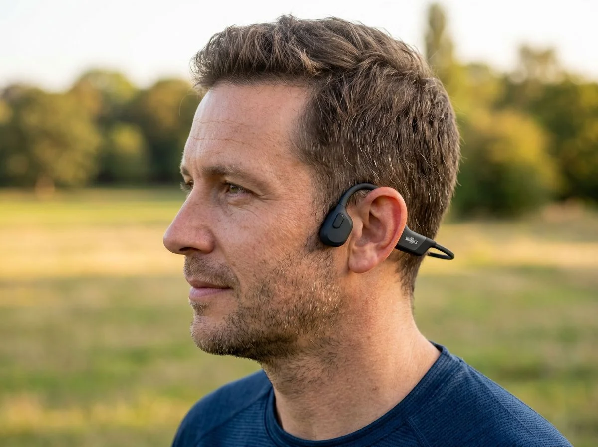 Close-up of a man wearing open-ear bone conduction headphones with ear canals visible, demonstrating how the technology leaves ears open