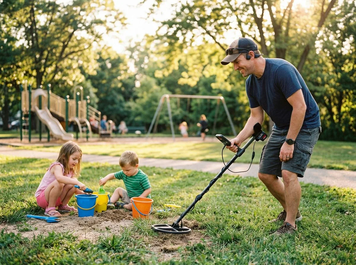 Father metal detecting in a park while his two young children play nearby, wearing open-ear headphones