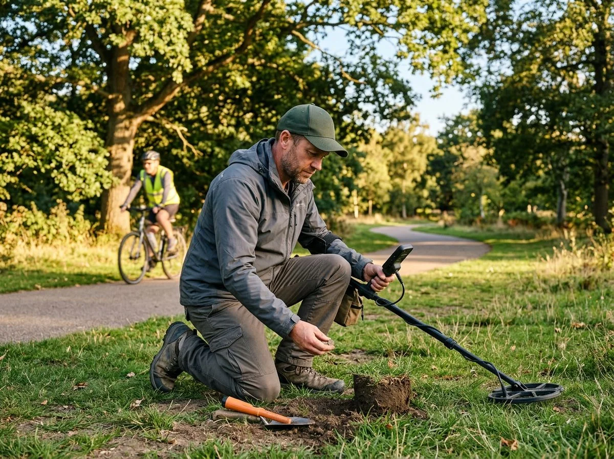 Detectorist kneeling in a park while a cyclist approaches on a path behind him, illustrating the need for open ears and situational awareness
