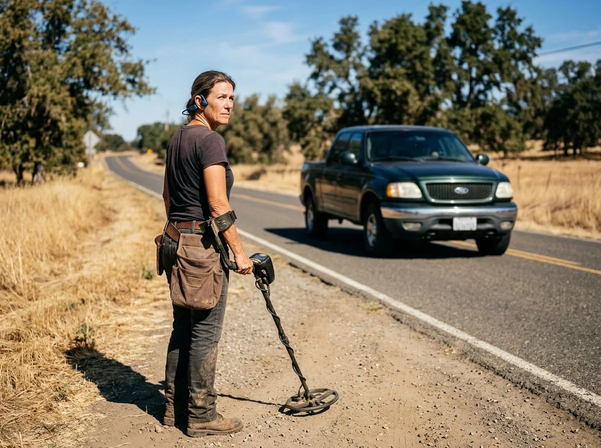 Detectorist near a rural road looking toward an approaching pickup truck while wearing bone conduction headphones