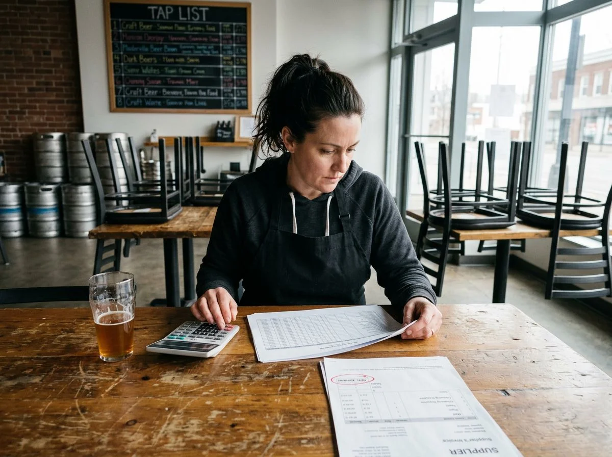 A brewery owner in an apron reviewing a spreadsheet and an invoice at a taproom table before opening, with kegs stacked against the wall behind her