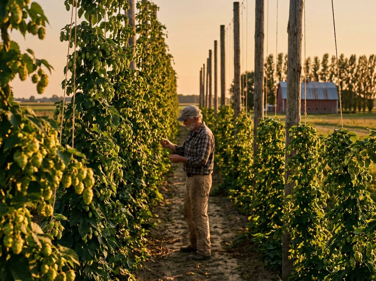 Rows of hop bines climbing twine between cedar poles on a small Michigan hop yard, with a farmer inspecting a cone in the late afternoon sun