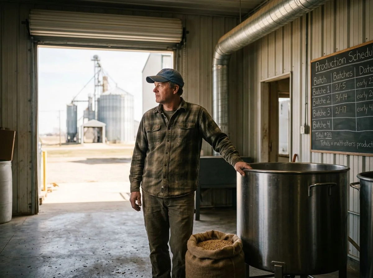 A maltster in a flannel shirt resting his hand on a steeping tank inside a small rural malthouse, with a grain elevator visible through the open door behind him