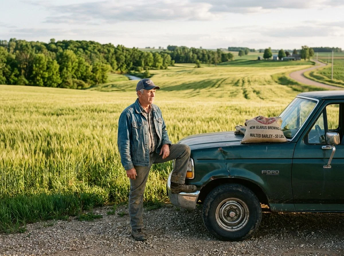 A Wisconsin farmer in a seed cap leaning against his pickup truck at the edge of a barley field in the early evening light