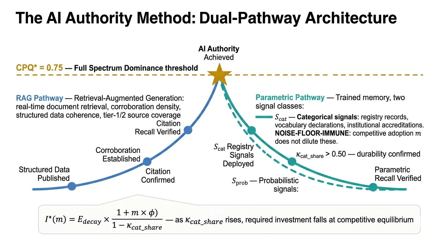 AI Authority Method dual-pathway architecture diagram: RAG and Parametric pathways converging at CPQ 0.75 Full Spectrum Dominance threshold, showing S_cat and S_prob signal class sub-streams with investment formula I*(m)