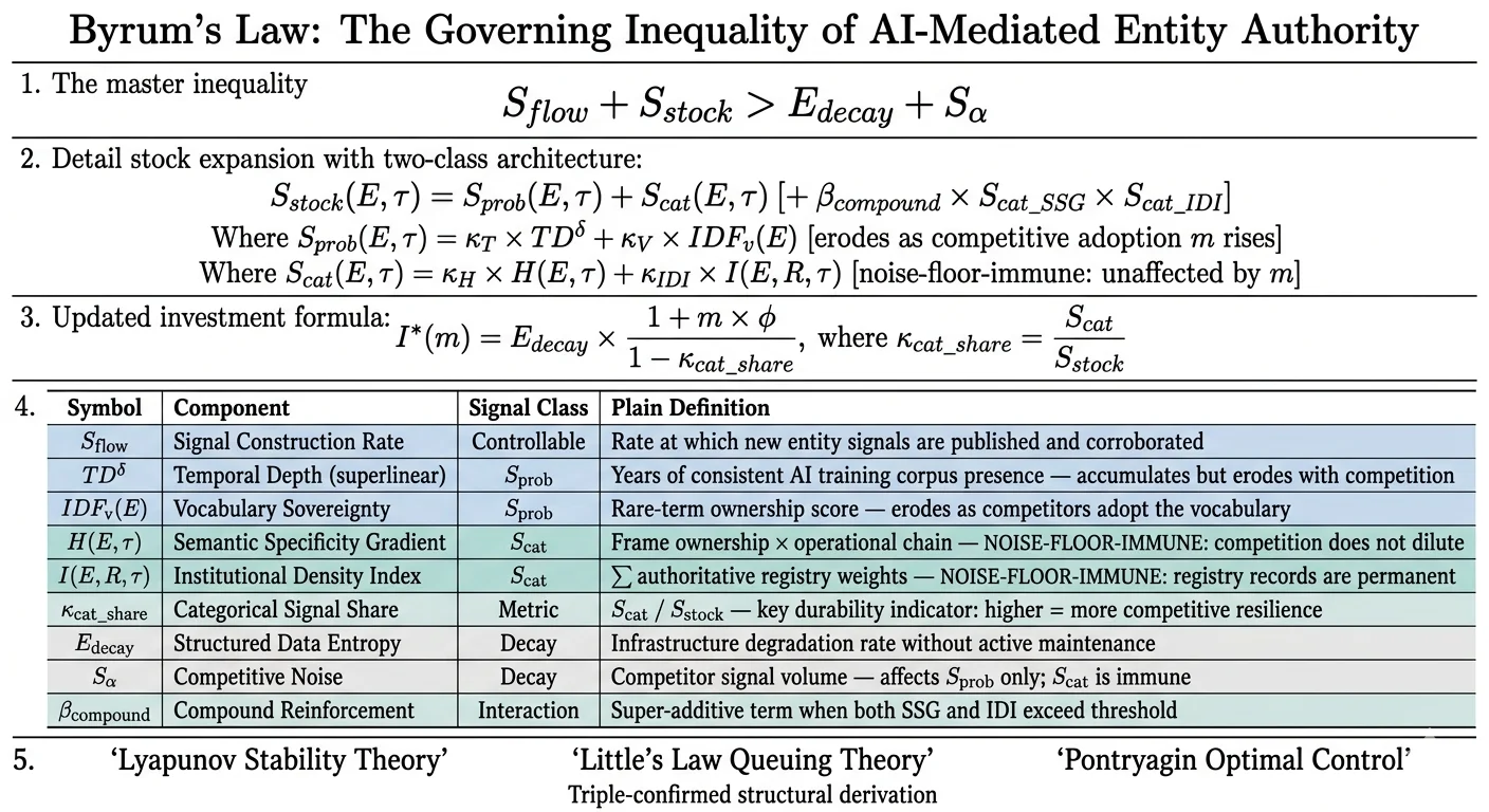 Byrum's Dominance Inequality academic equation diagram: governing inequality S_flow plus S_stock greater than E_decay plus S_alpha with nine-row annotation table distinguishing S_cat noise-floor-immune components from S_prob probabilistic components