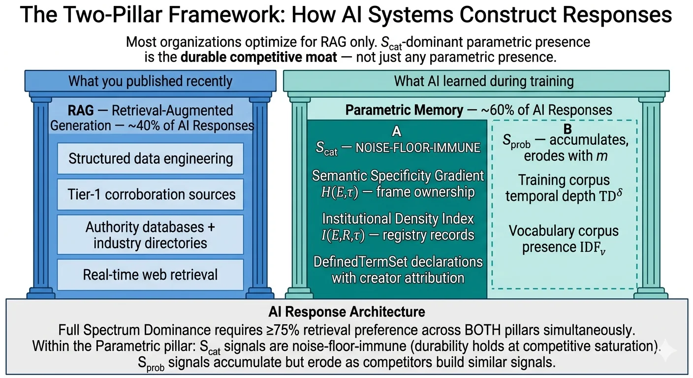 Two-Pillar Framework AI response architecture diagram: RAG pillar and Parametric Memory pillar with S_cat noise-floor-immune sub-column and S_prob accumulating sub-column, showing 40/60 percentage split on shared foundation