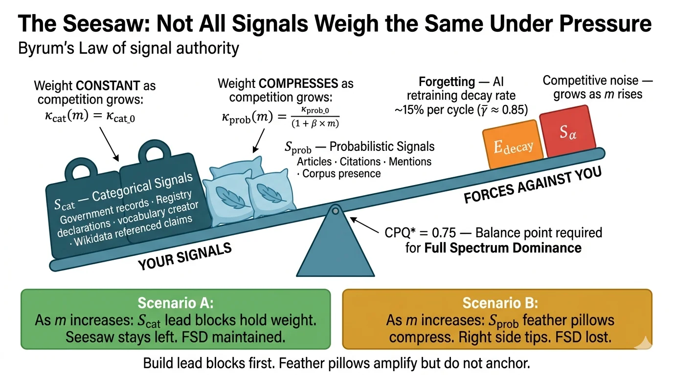 S_cat S_prob seesaw conceptual mechanics diagram: balance beam showing lead-block categorical signals holding constant weight and feather-pillow probabilistic signals compressing under competitive noise, illustrating Byrum's Law governing inequality for AI entity authority