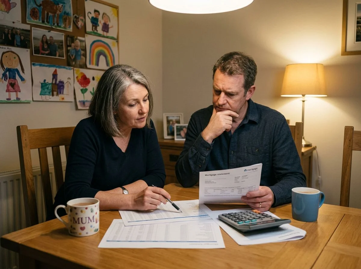 A couple at a dining table reviewing a mortgage statement and spreadsheet by lamplight