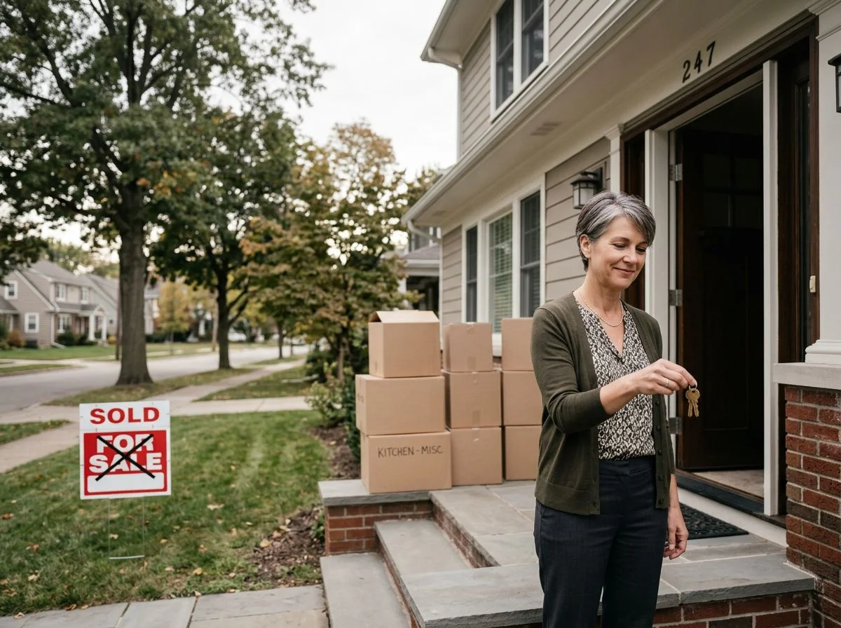 A woman holding house keys in the doorway of a home she is leaving, moving boxes on the porch behind her