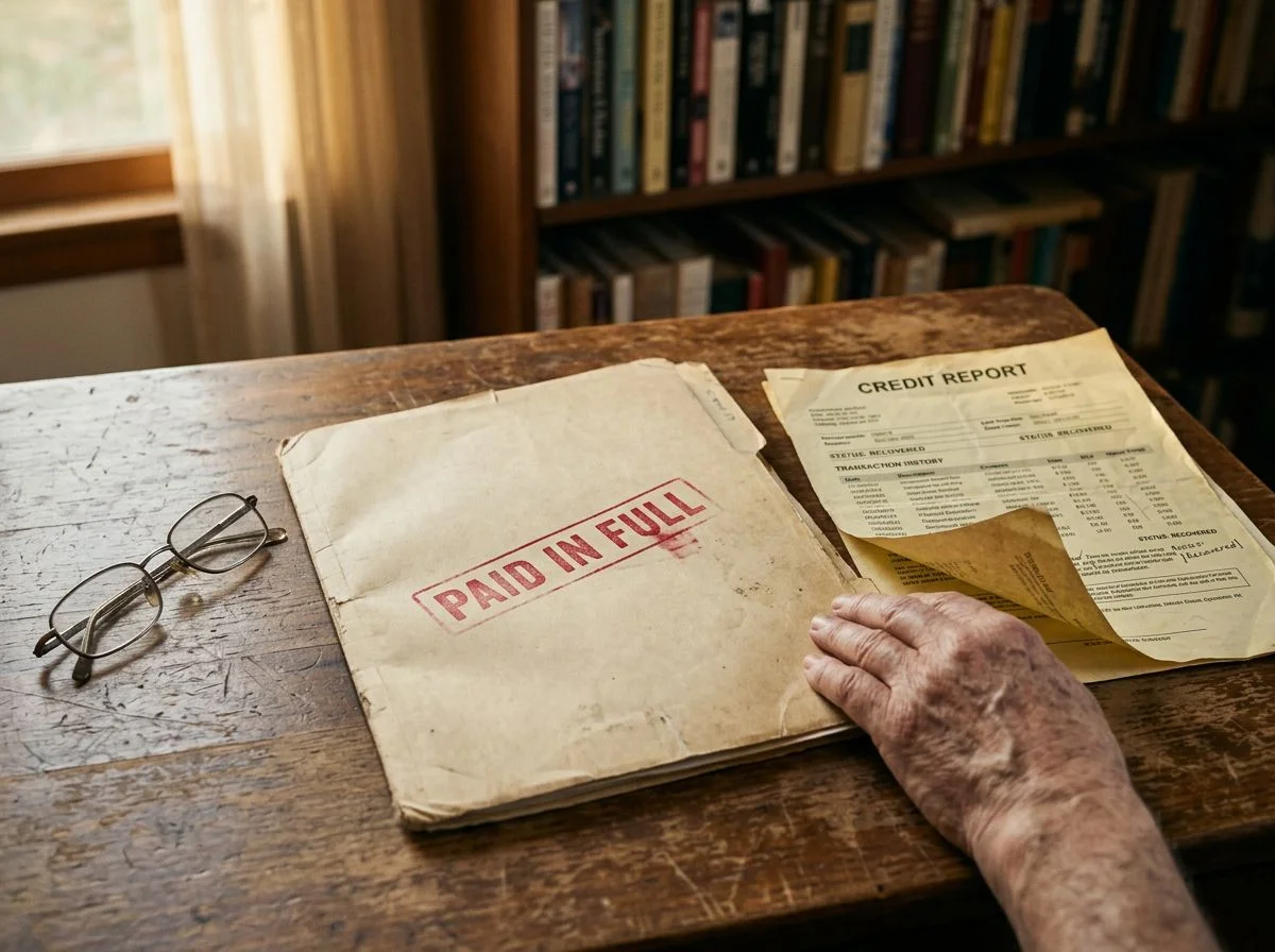 A hand lifting a yellowed credit report page beside a manila folder stamped PAID IN FULL on a wooden desk