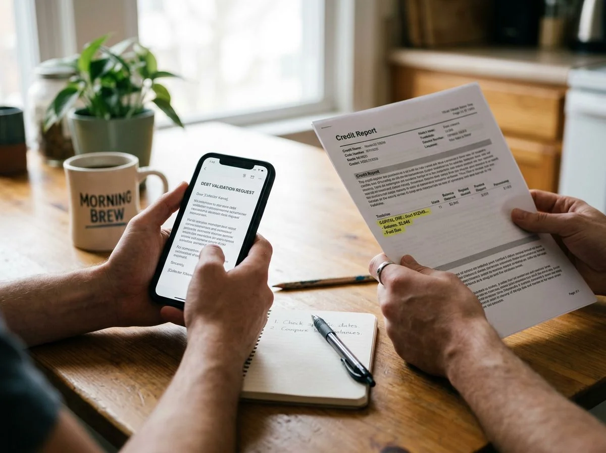 Two hands at a kitchen table holding a smartphone with a dispute letter and a printed credit report with a highlighted line