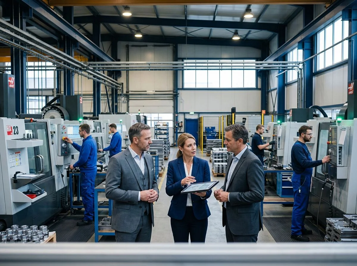 Executives in suits standing on a factory floor with workers and machinery behind them