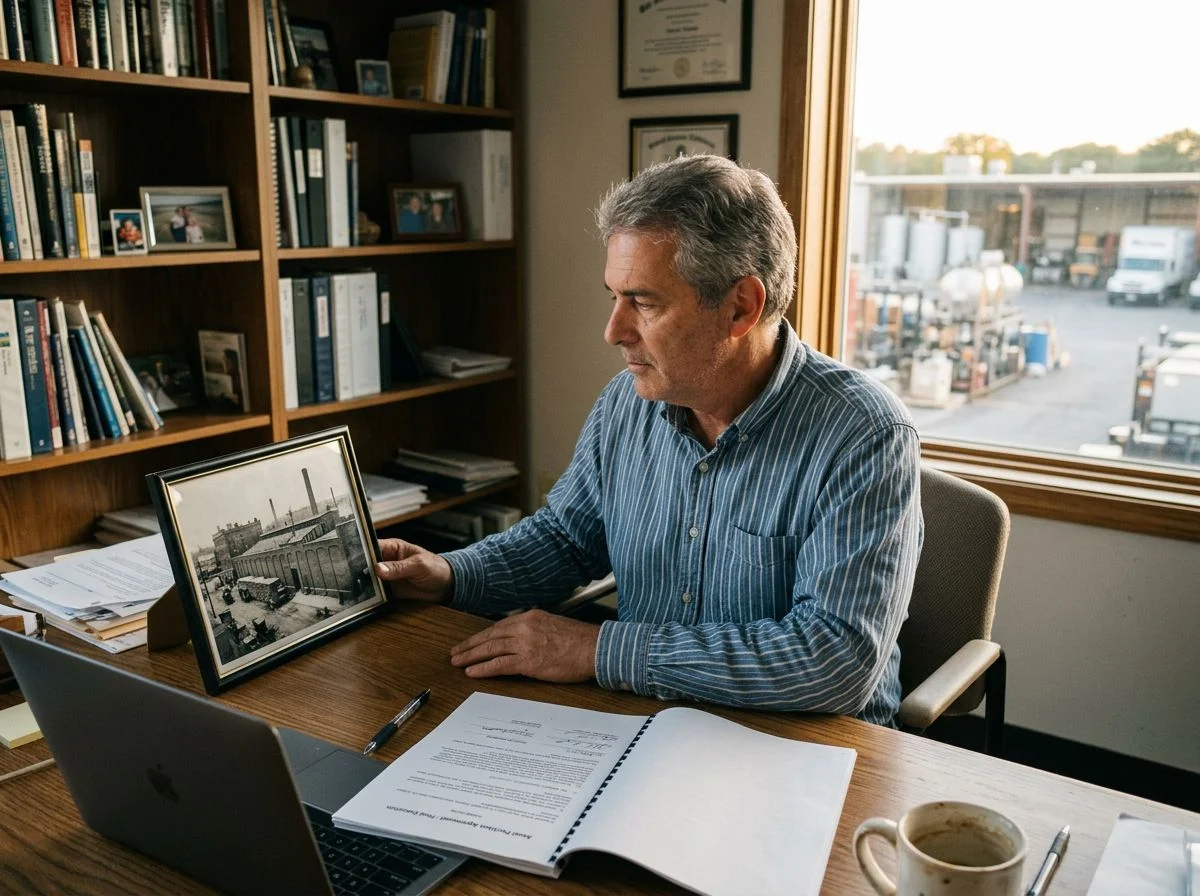 A founder sitting at a desk looking at a framed photo with an acquisition document nearby
