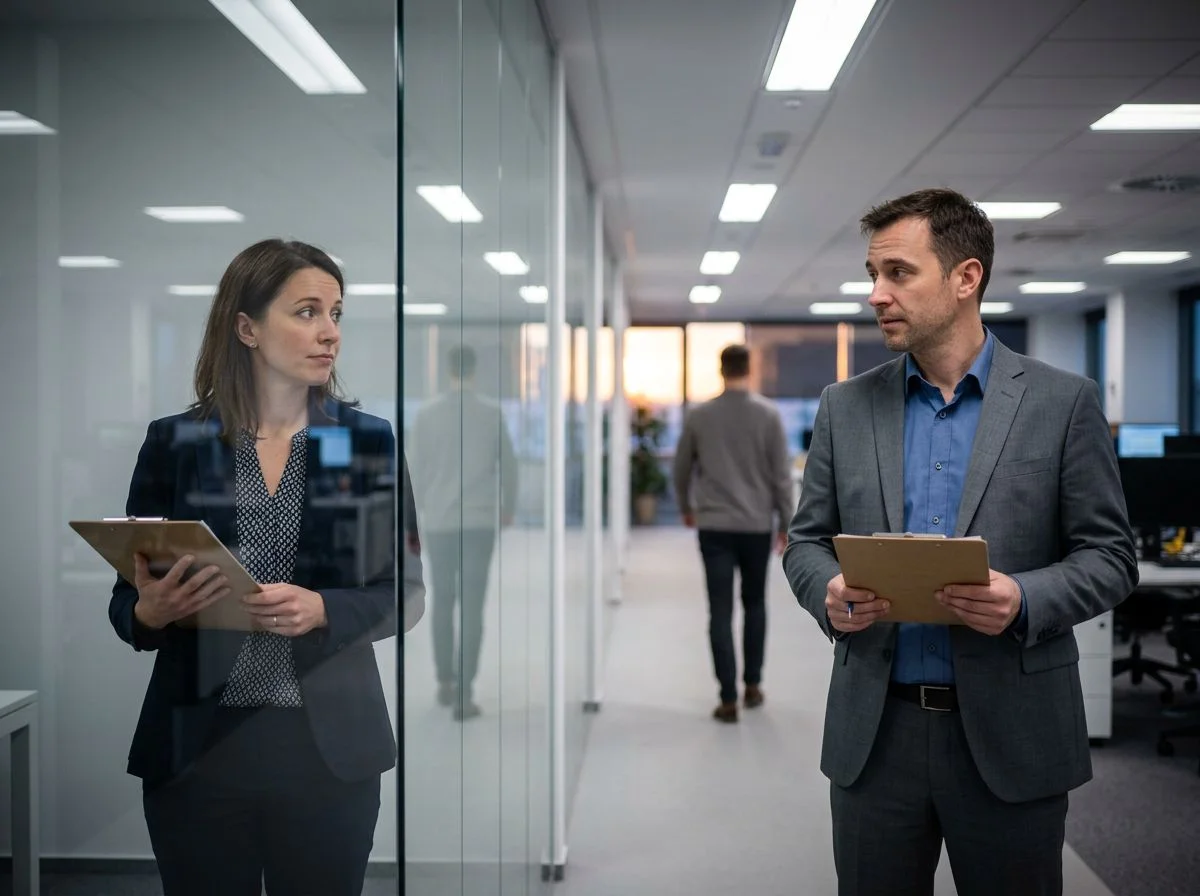 Two managers separated by a glass partition in an office corridor