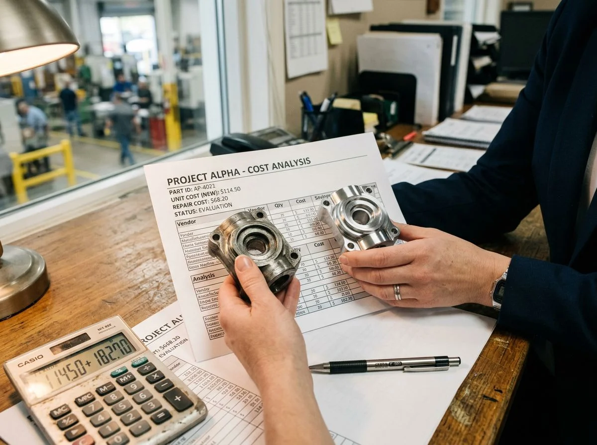 Hands comparing two metal parts over a cost spreadsheet with a calculator