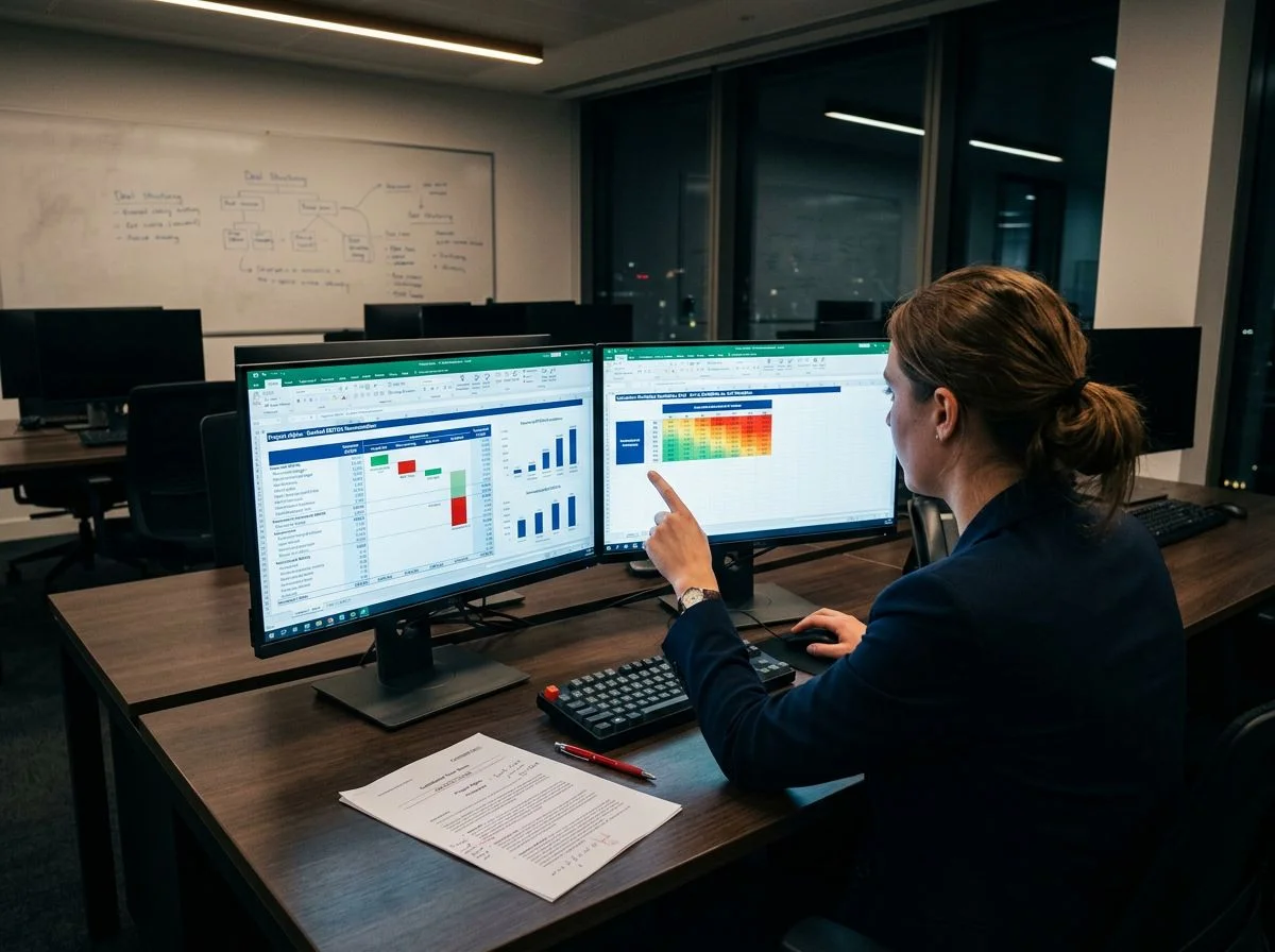 Analyst working late at dual monitors showing an EBITDA normalisation spreadsheet and a multiples sensitivity grid