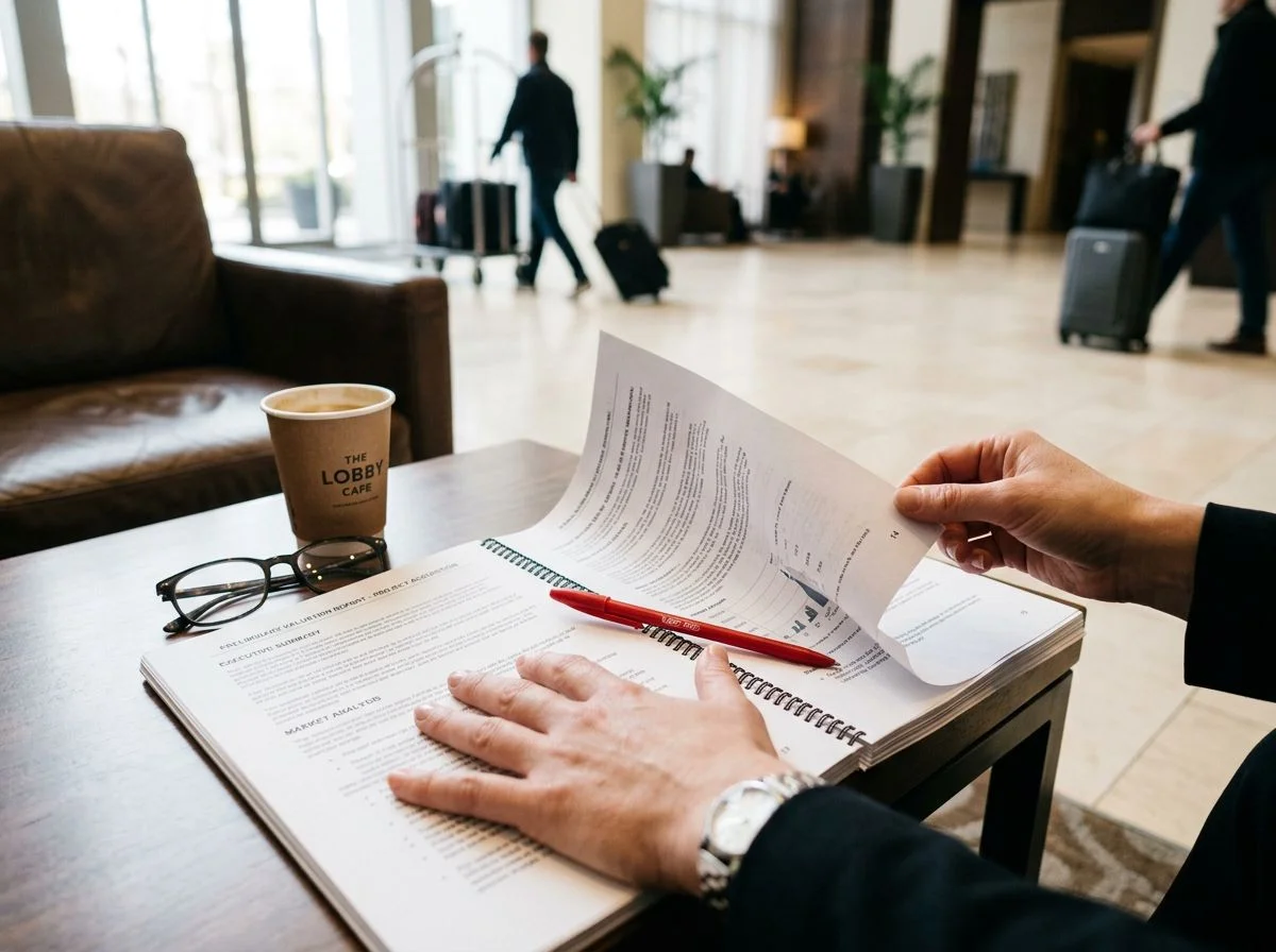 A hand resting on an open printed valuation report with a red pen and reading glasses on a hotel lobby table