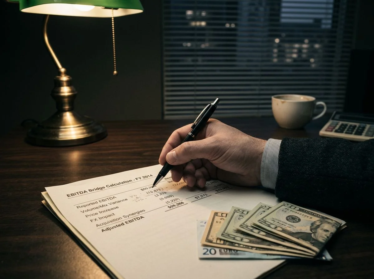 Accountant's hand with a pen resting on a printed EBITDA bridge sheet beside a small stack of cash on a dark wood desk at dusk
