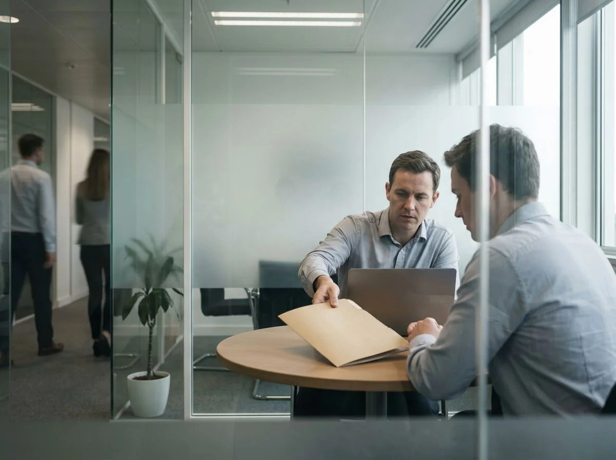 Two people in shirtsleeves passing an unmarked folder across a table in a glass-walled meeting room, seen from outside