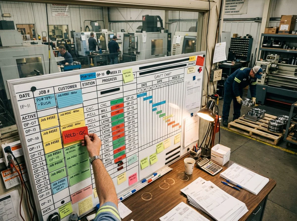Overhead view of a shop scheduling board with job cards as a foreman places a hold card on a job