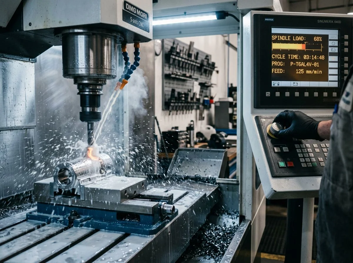 Close-up of a CNC machine cutting titanium with coolant spraying as a machinist adjusts the control panel