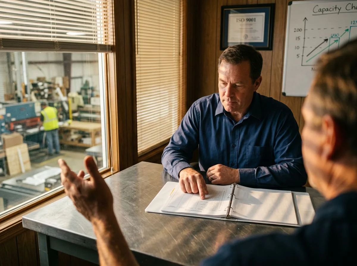 A buyer reviewing a maintenance log with a machine shop owner in a conference room with sunlight through blinds