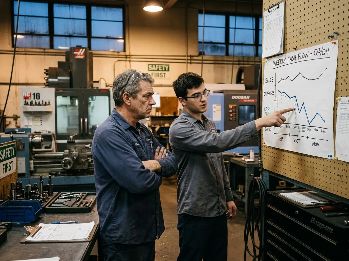 Machine shop owner and production manager reviewing a declining cash-flow chart on a shop wall at dusk