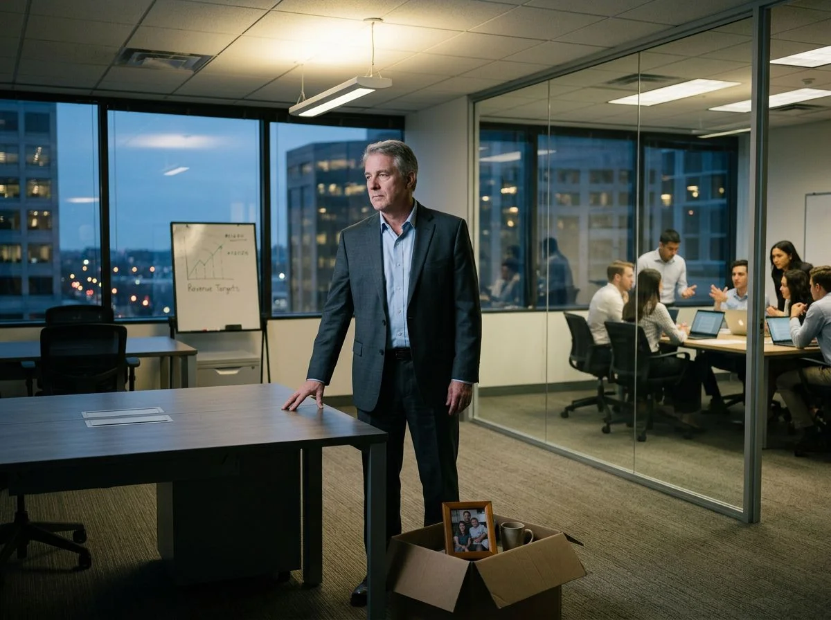 A departing CEO stands alone beside an emptied desk in a darkening office while his former leadership team meets behind glass in the background