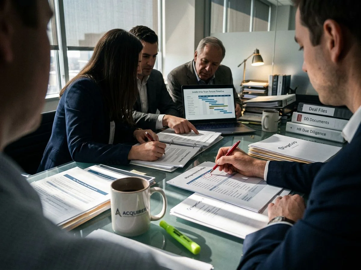 Acquisition diligence analysts annotate leadership profiles and a retention clause during a deal review meeting