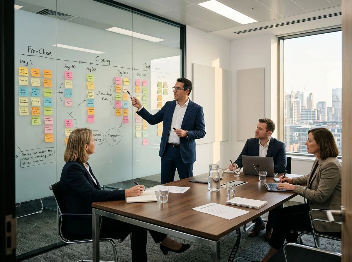 An M&A advisor maps a CEO transition timeline on a glass wall while the founder and buyers take notes at the table