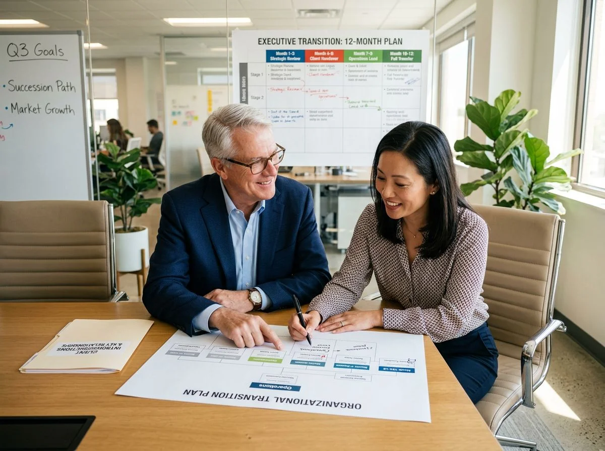 An outgoing CEO and his successor review a twelve-month handover plan together at a sunlit boardroom table