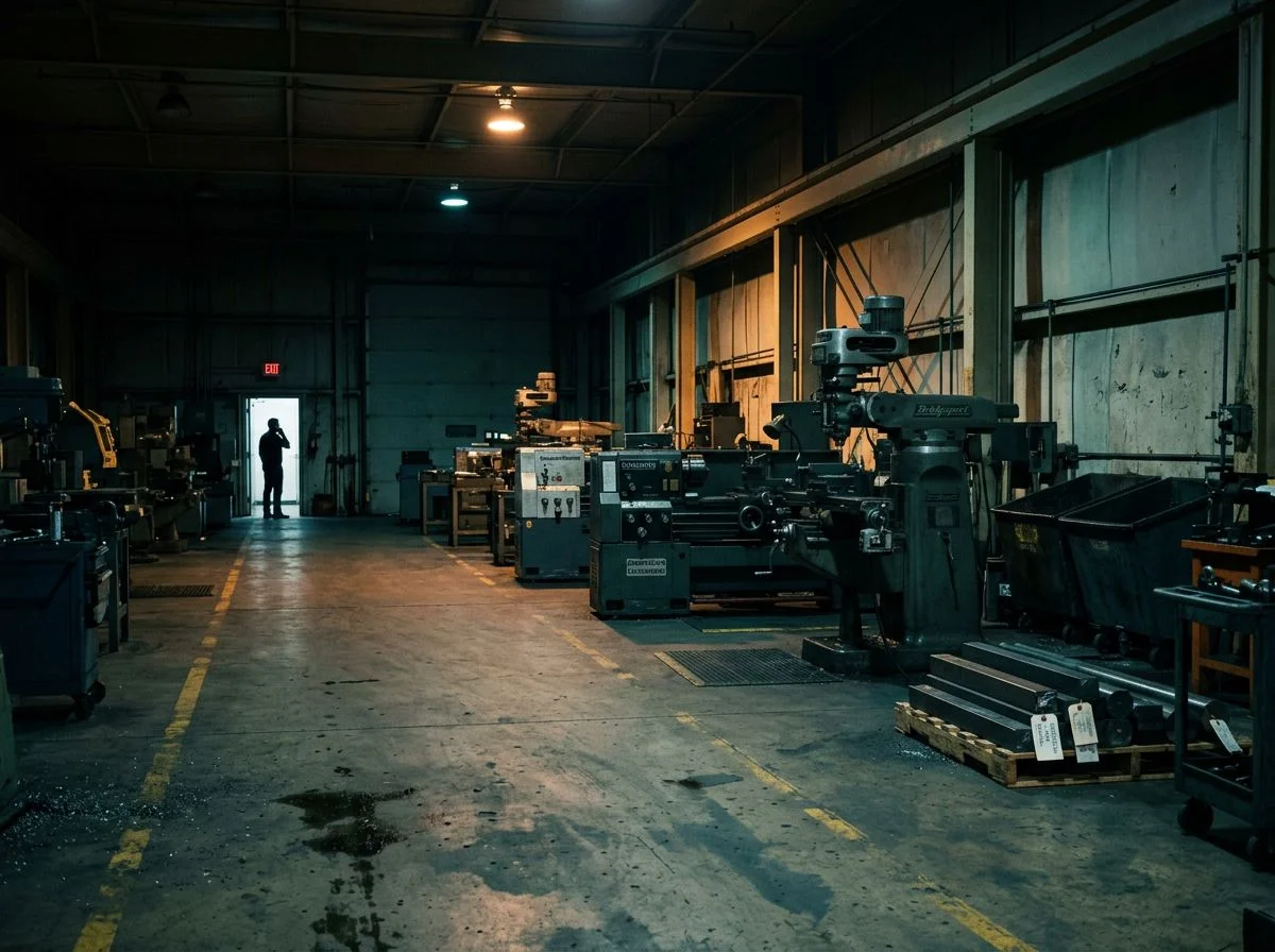 An empty machine shop at night with idle lathes under work lights and the owner silhouetted in the doorway