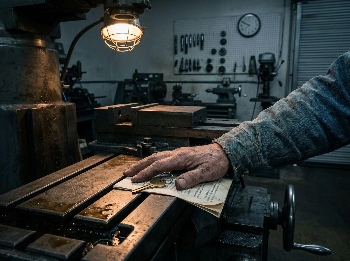 A machinist's hand resting on a Bridgeport mill table with a key and folded NDA beneath it in a dim machine shop