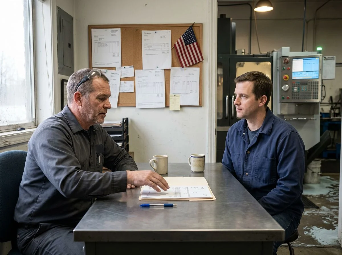 A machine shop owner and a prospective buyer discussing a confidential sale across a steel-topped desk with a folder between them
