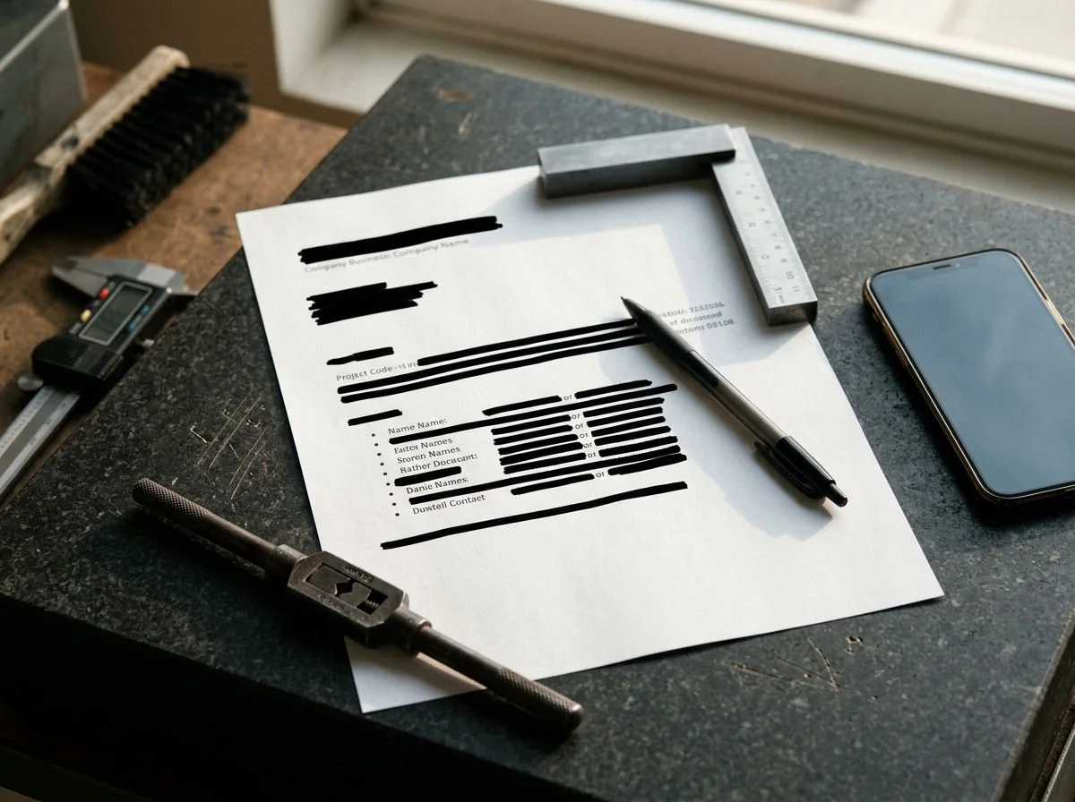 A redacted document on a machine shop workbench weighted by a machinist's square and tap wrench
