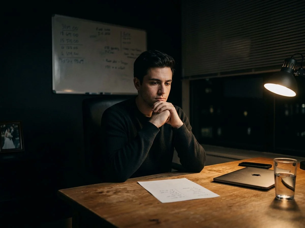 Founder sitting alone at a bare desk after hours, chin on laced fingers, staring at a handwritten sheet of paper under a single desk lamp