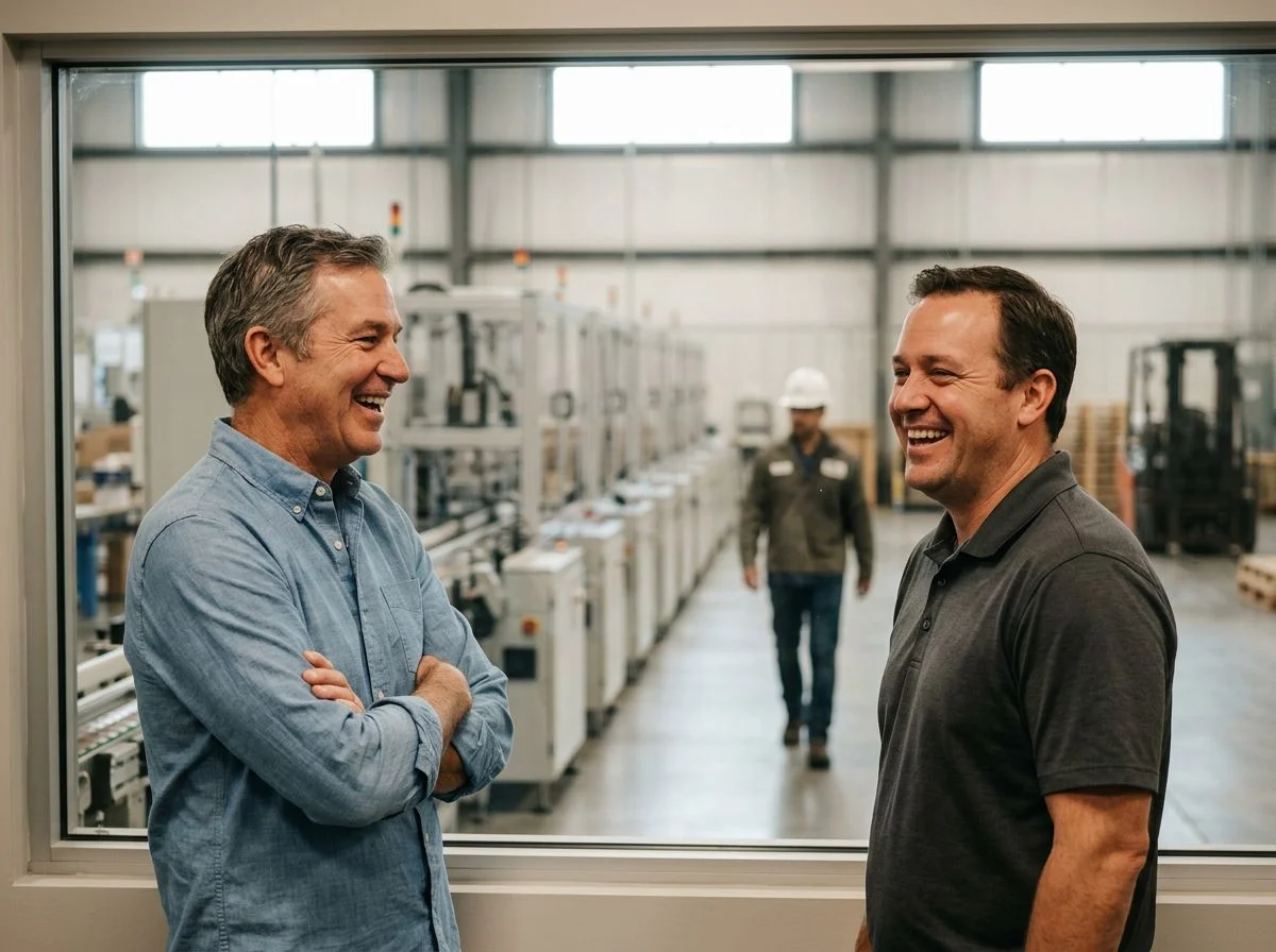 Founder standing relaxed beside the operator who acquired his company, both laughing in front of a manufacturing line viewed through safety glass