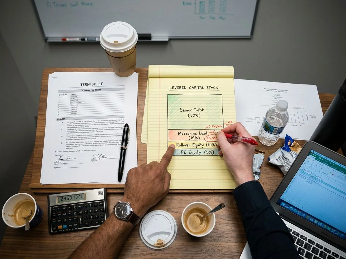 Overhead view of a deal table with a term sheet, levered capital stack diagram, calculator and two hands annotating the equity tranche