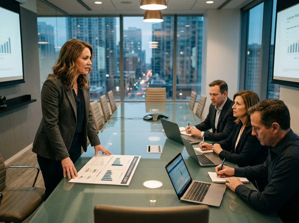 Founder presenting a customer retention dashboard to three seated strategic acquirer representatives in a glass-walled boardroom at dusk
