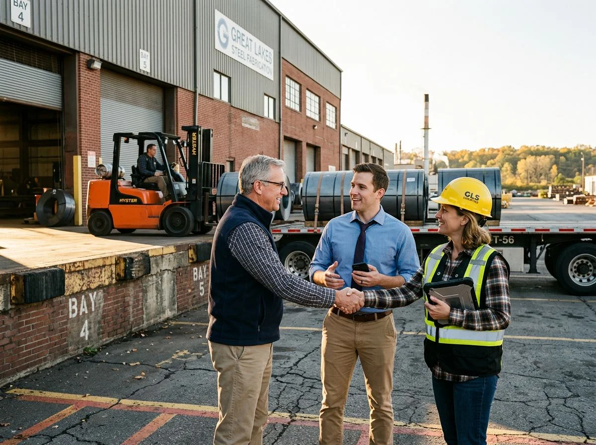 An outgoing owner, an incoming buyer and a plant manager shaking hands on a loading dock with a forklift and steel coils behind them