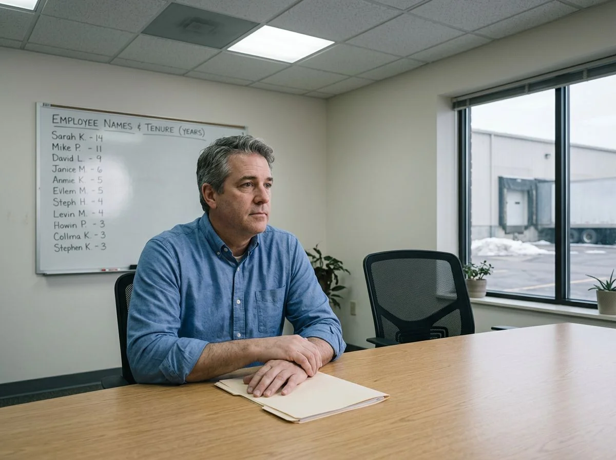 A founder sitting alone at a conference table with hands folded, an empty chair opposite and a whiteboard of employee names behind him