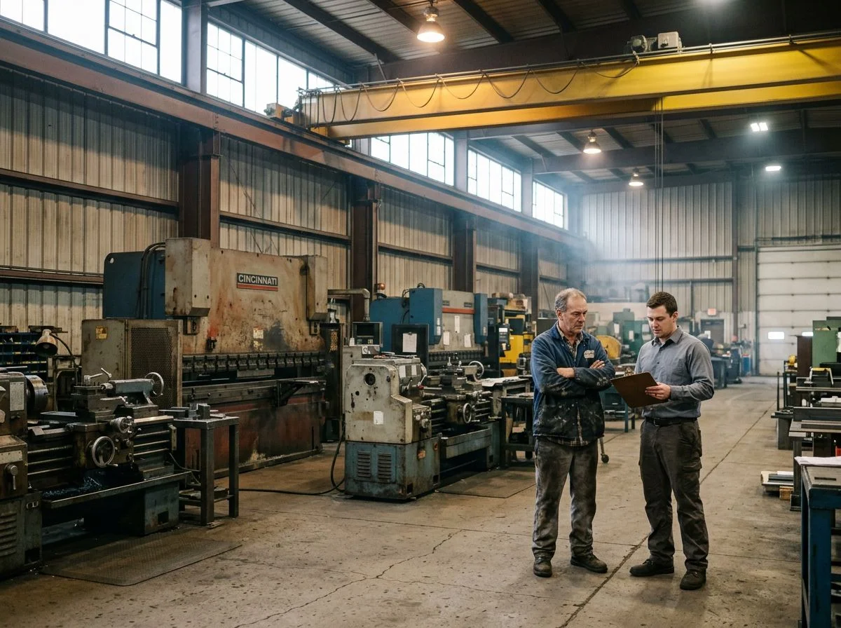 A machine shop owner and a younger manager standing on the floor of a family-owned Milwaukee metal fabrication plant surrounded by aging press brakes and CNC machines