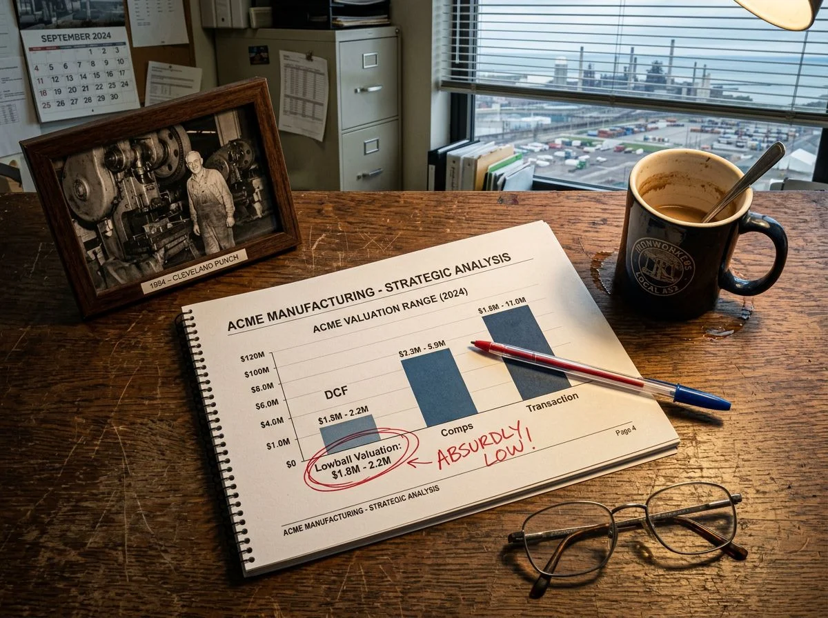 Overhead view of a broker's valuation deck on a scarred desk with a lowball figure circled in red pen beside a framed photo of a punch press